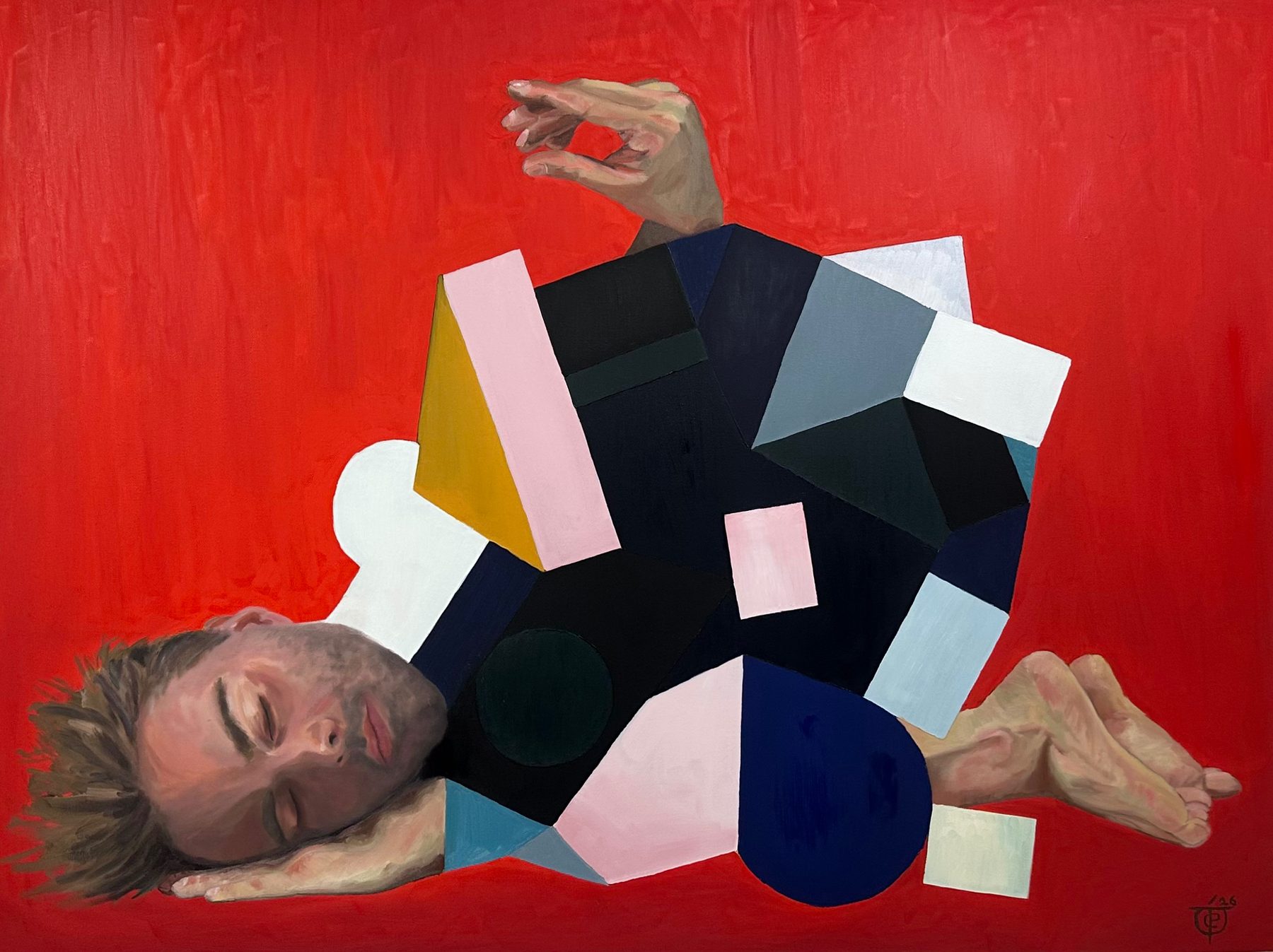 To Pray, an oil painting of a sleeping man among geometric shapes on a red ground