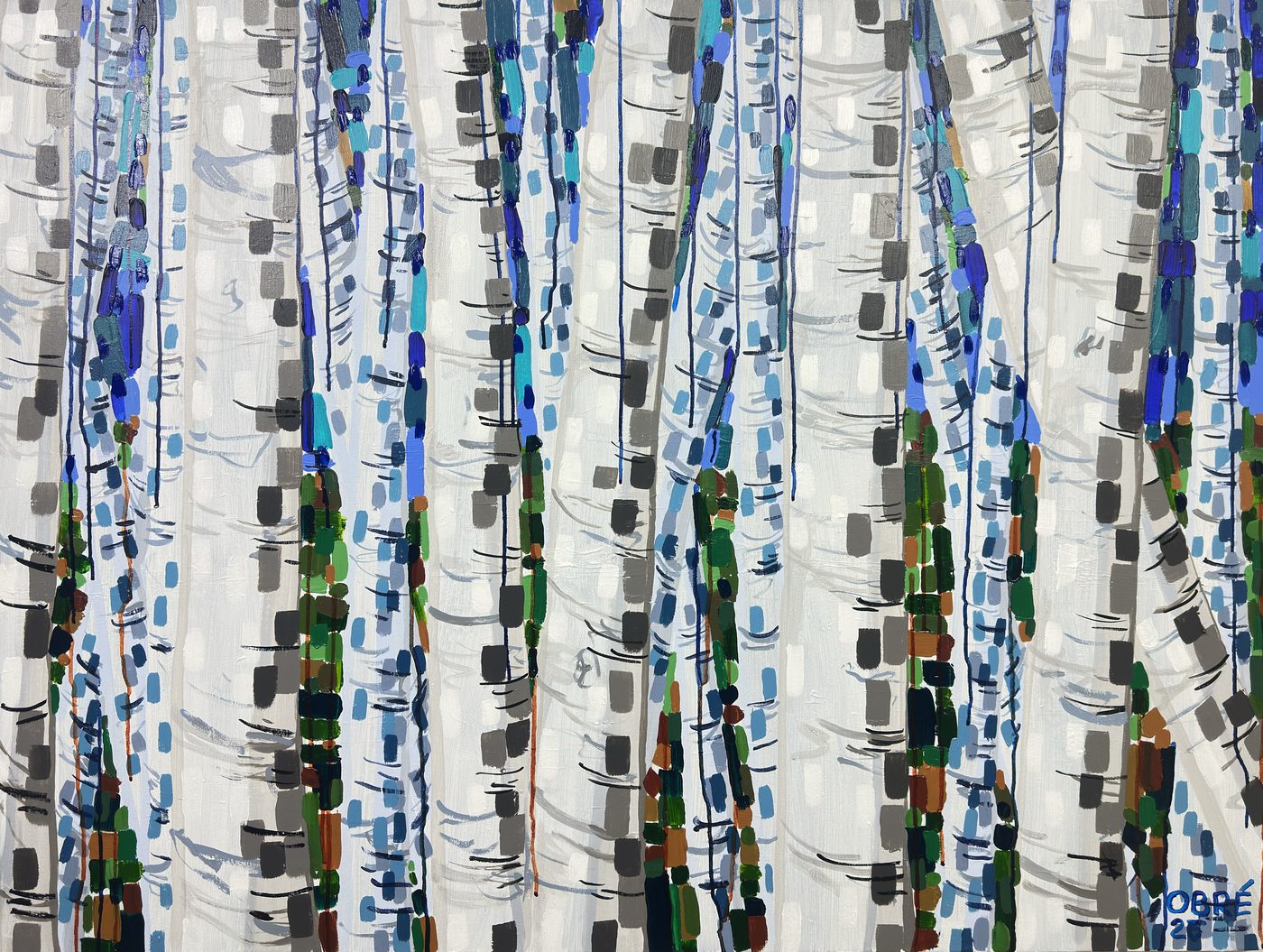 Winter Forest III, an abstract landscape painting in pastel and watercolour