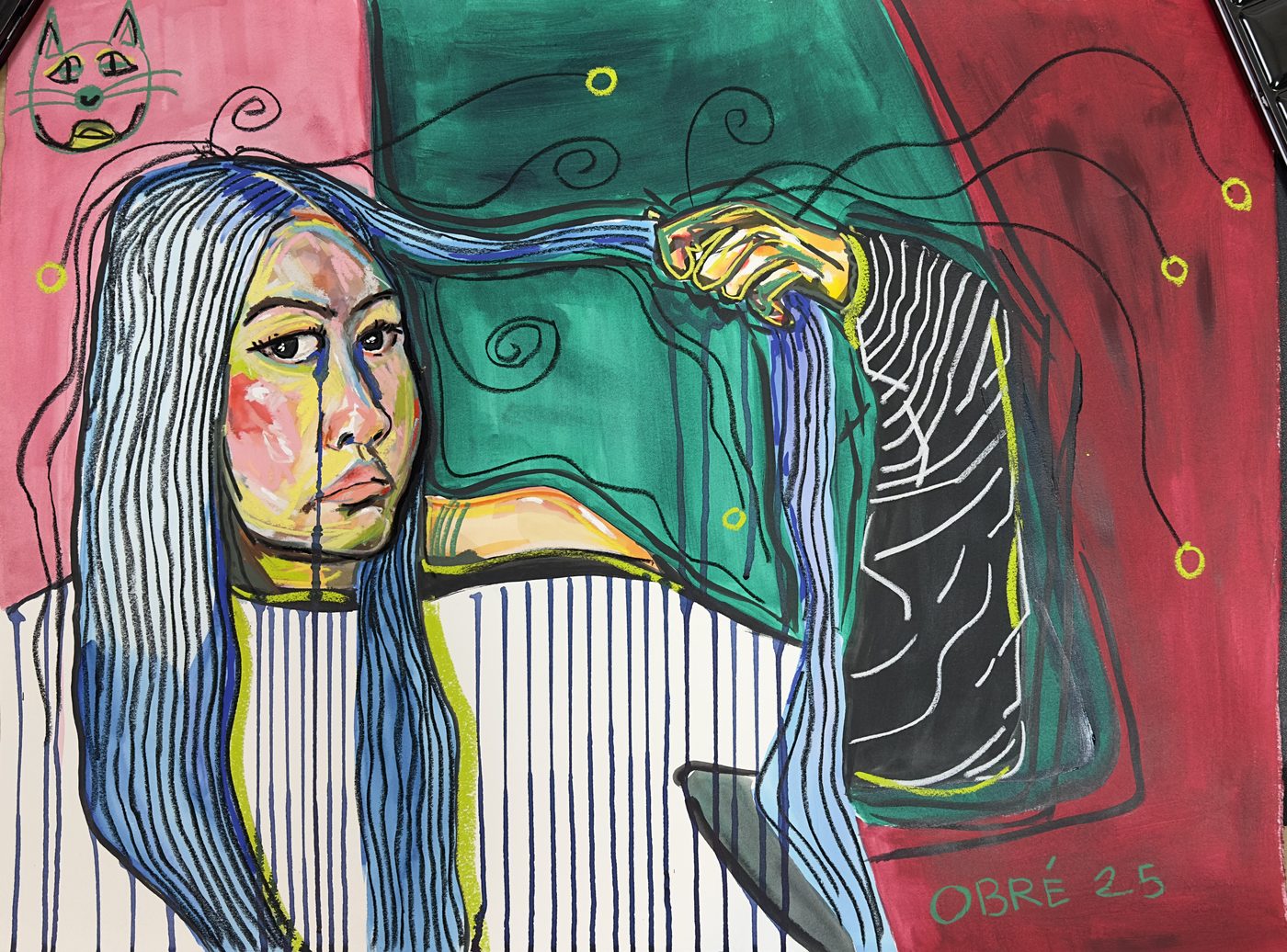 Private portrait, expressive figure study in pink, green and red