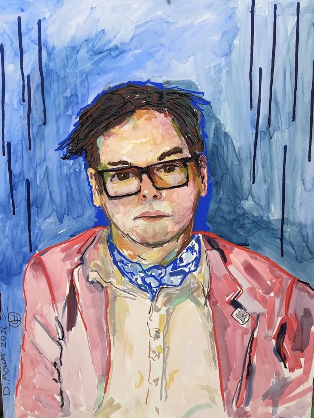 Private portrait, man with glasses on blue ground