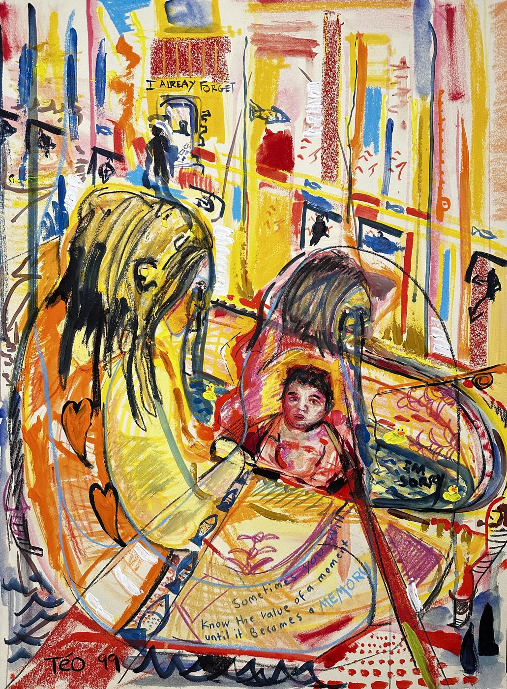 The Bath, a mixed medium painting on paper by the artist