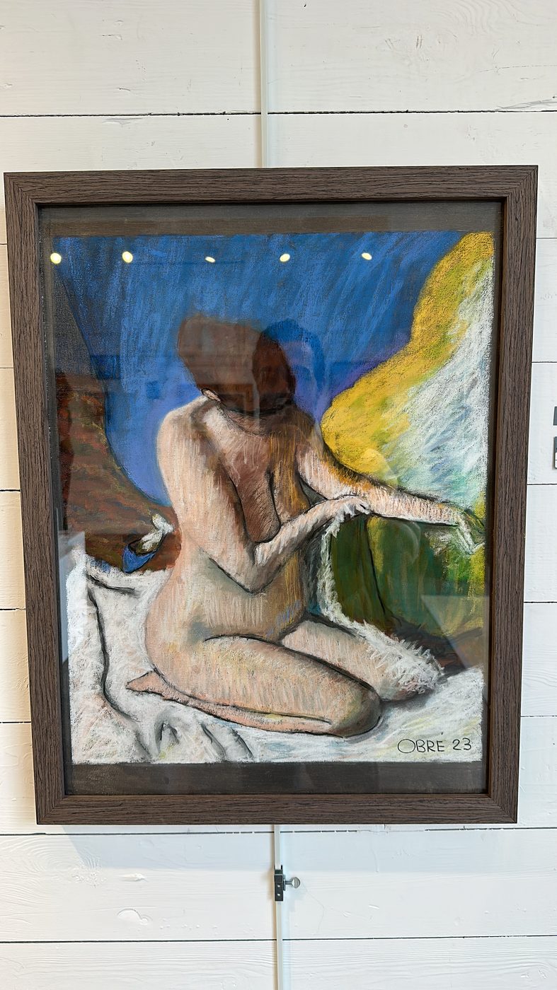 The Bather, a study of Degas, seated nude figure study in pastel, warm and blue tones