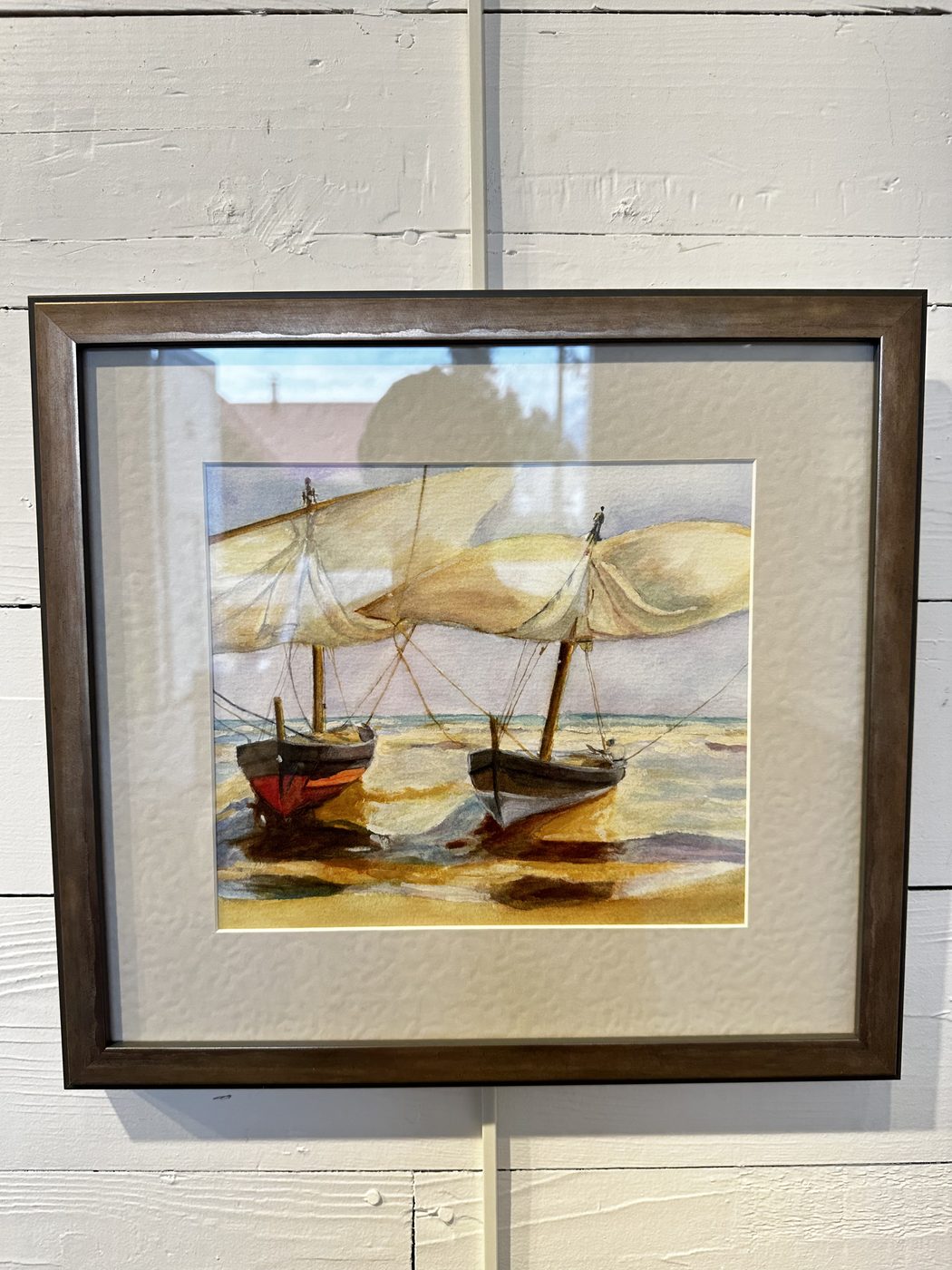 Boats on Shore, a watercolour painting of sailboats