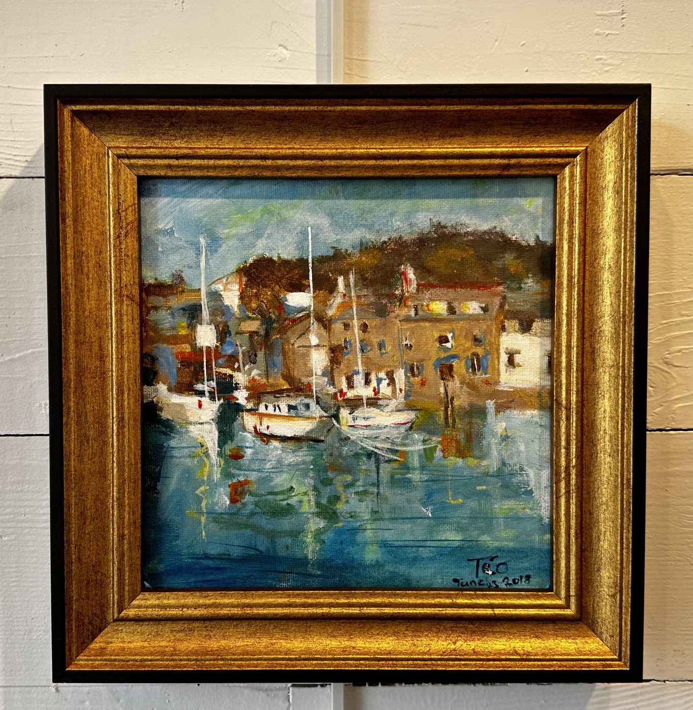 English Harbour, an acrylic painting of a harbour town